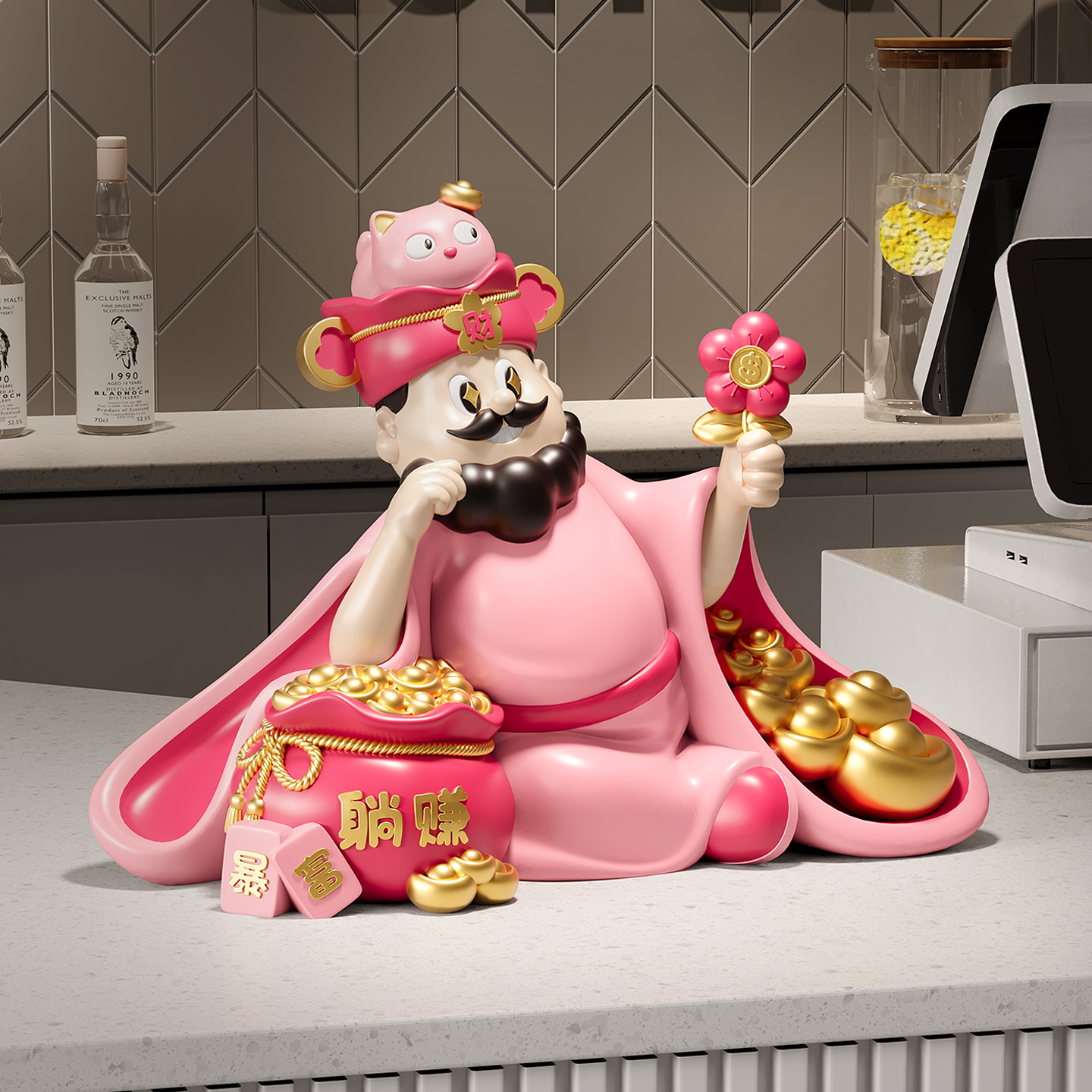 躺赚财神爷摆件开业礼物高档办公室店铺收银台大气招财桌面存钱罐