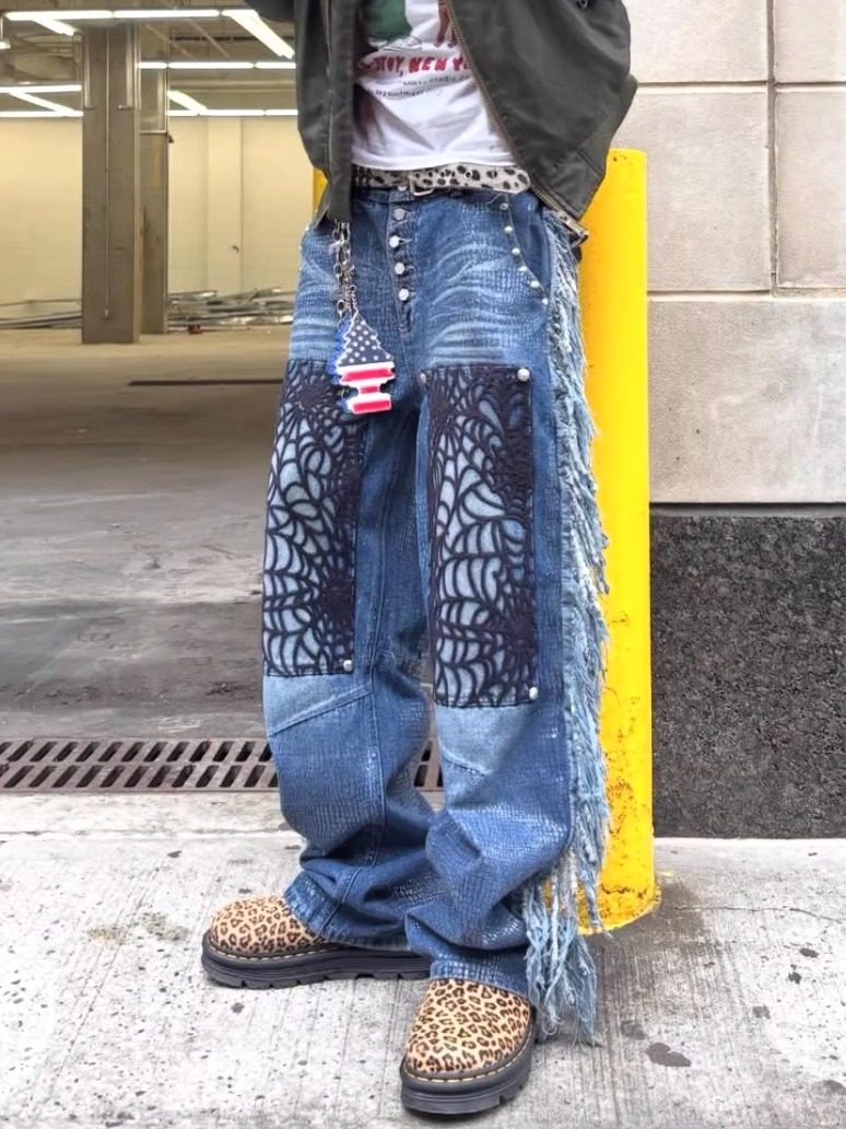 (TBHNP) theboyhasnopatience Shuguang Huiyue Tassel Denim Pants Straight Casual