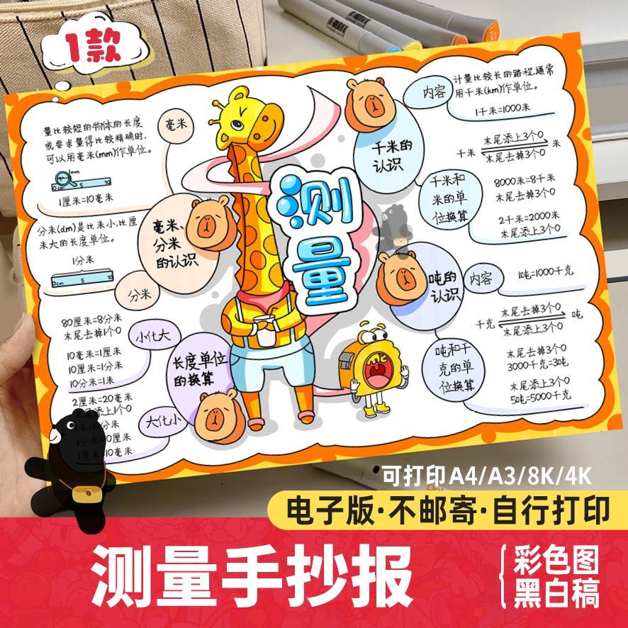 手抄报电子版测量电子模板数学三年级上册三单元思维导图知识点小