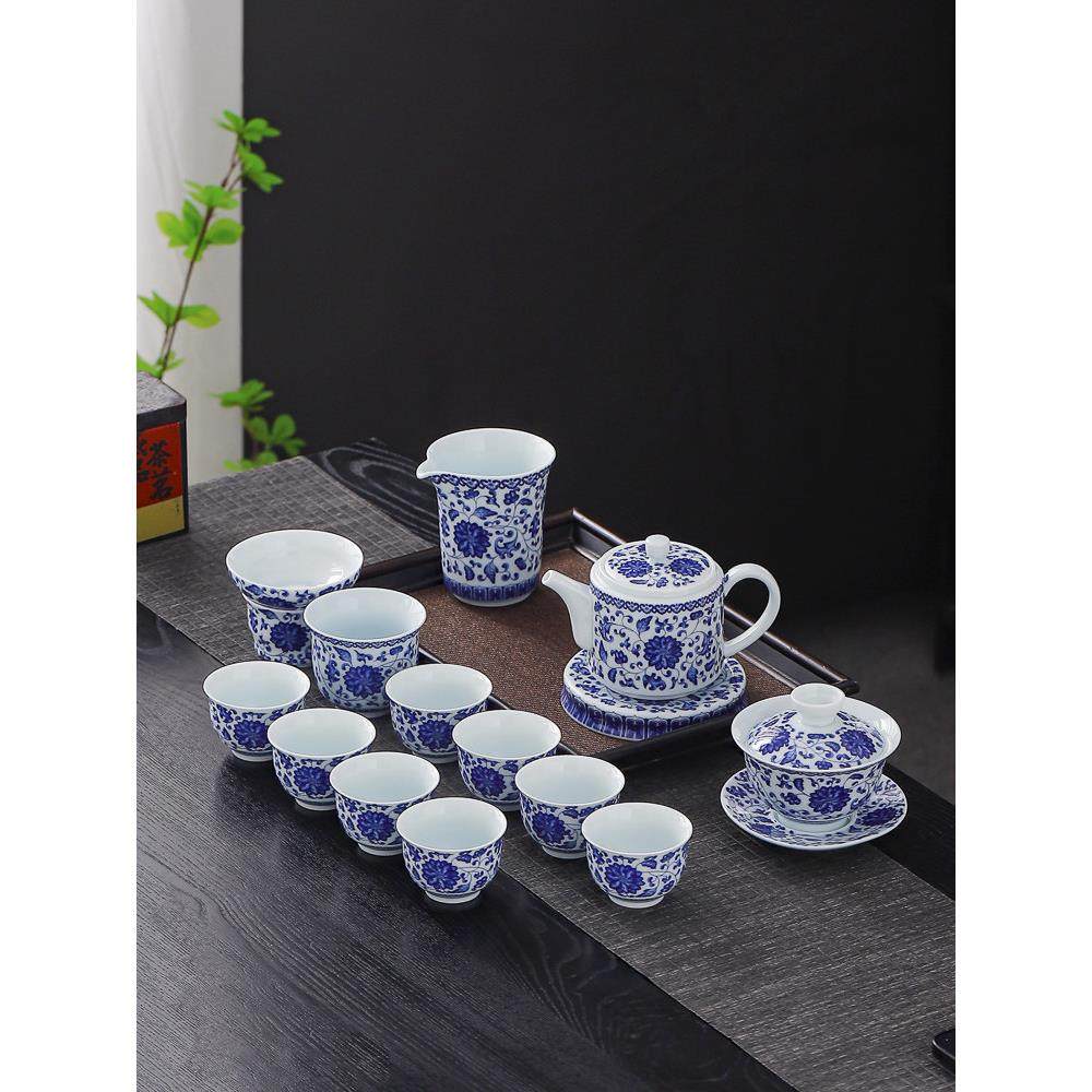 景德镇青花瓷悬停盖碗功夫茶具套装家用陶瓷茶壶品茗杯茶盏泡茶碗