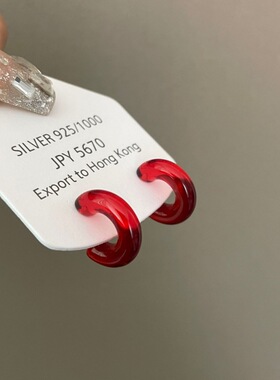 夏季亚克力果冻耳环女S925银针几何C形红色耳钉小巧甜酷耳圈耳饰