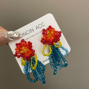 日出江花红胜火 彩色串珠花朵耳环女小众设计感耳钉独特耳夹耳饰