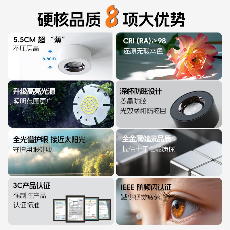 超薄明装筒灯led圆形极简客厅卧室无主灯深杯防眩全光谱护眼射灯