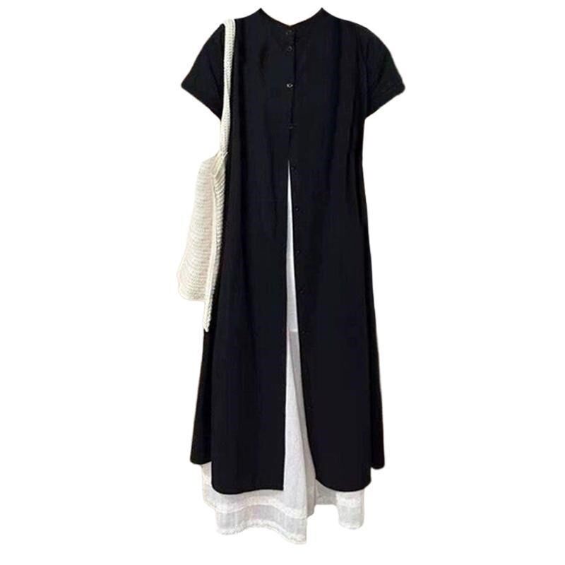 大码胖mm设计感长款黑色百搭叠穿外搭衬衫女夏季阔腿裤子两件套装