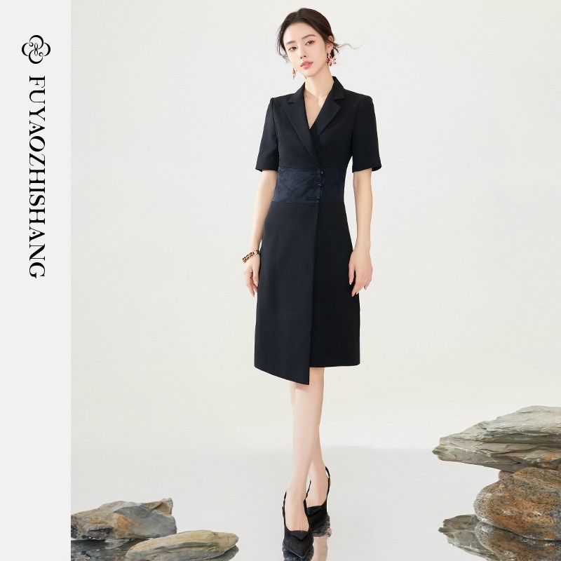 FUYAO扶摇 夏季女装连衣裙高级感黑色拼接西装裙新中式工作服裙子