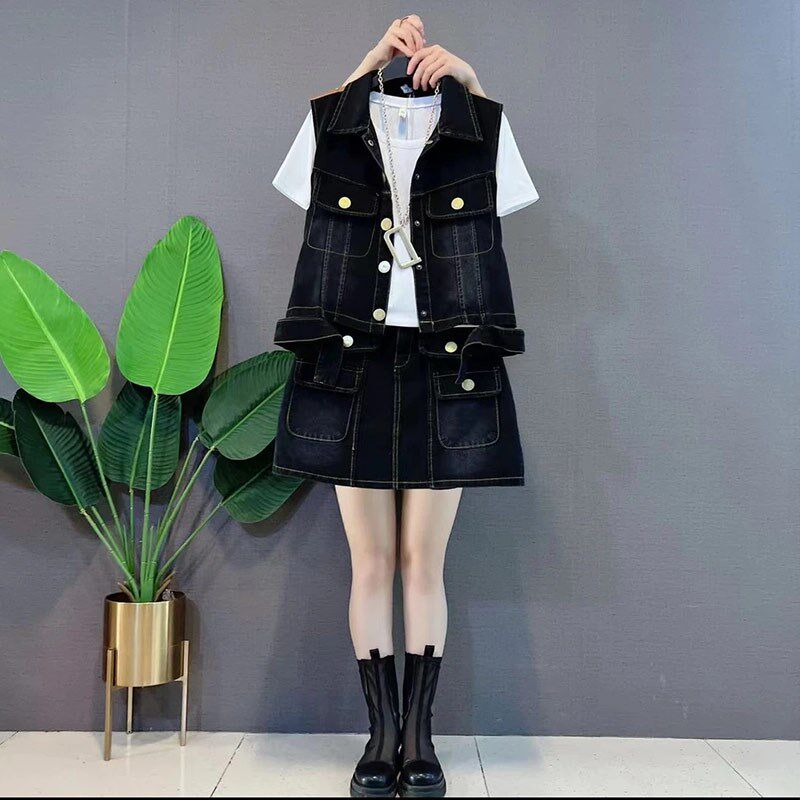 大码女装翻领拼接底摆马甲半身裙牛仔两件套加肥净版白色短袖T恤