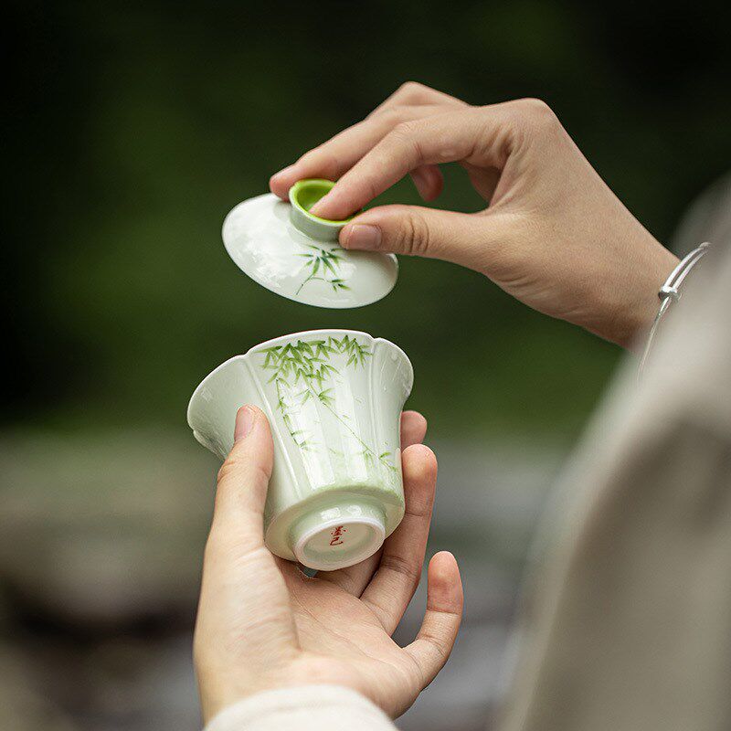 小苍翠手绘竹子陶瓷盖碗 功夫茶具家用泡碗 清新风格泡茶碗茶杯