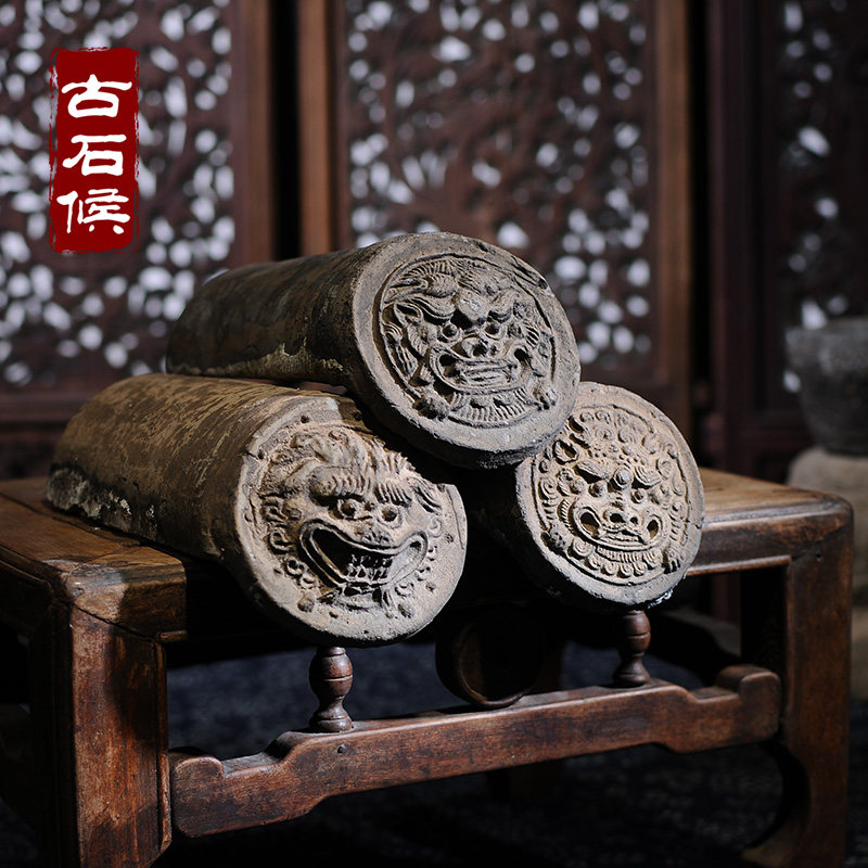 老瓦当雕花瓦片砖雕带花兽纹兽头图形明清老瓦茶桌摆件收藏老货