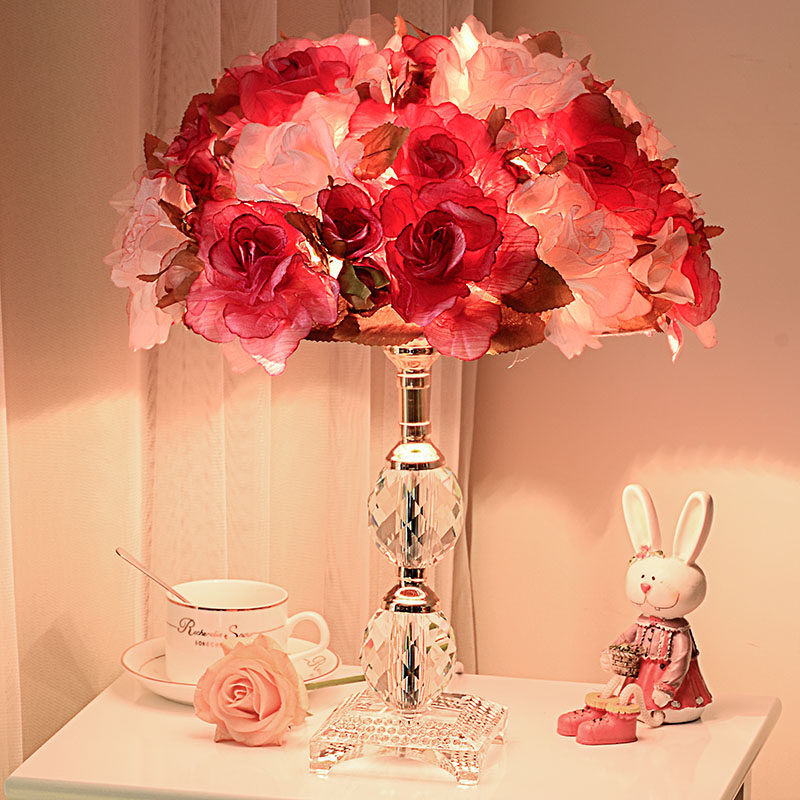 卧室床头灯结婚布艺花朵水晶台灯调光温馨浪漫玫瑰婚房婚庆台灯