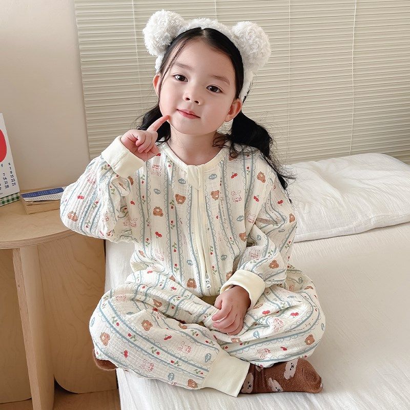 女宝宝连体睡衣春秋长袖女童夏季薄款儿童纯棉纱布空调房睡袋女童