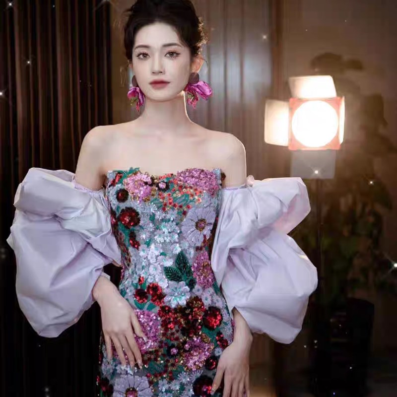 鱼尾晚礼服2024新款轻奢小众高端晨袍敬酒服新娘紫色宴会礼服裙女