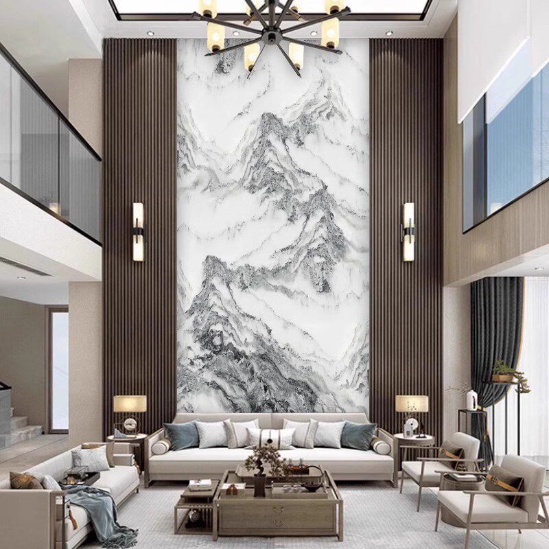 现代轻奢仿大理石山水复式电视背景墙壁纸玄关客厅墙布楼梯口壁画