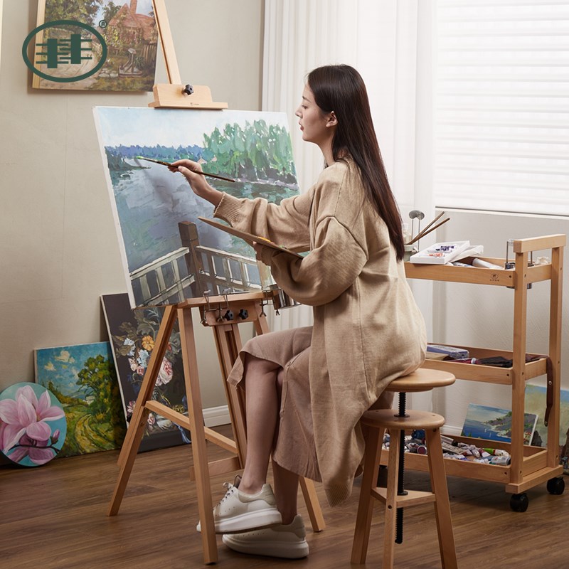 丰丰画架画板美术生专用画室后支撑式可折叠收纳升降提升三角丙烯