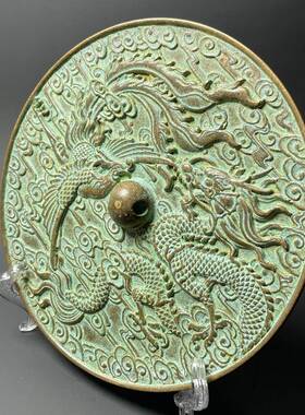 复古纯铜大号青龙凤图案铜镜做旧摆件家居玄关柜客厅装饰品