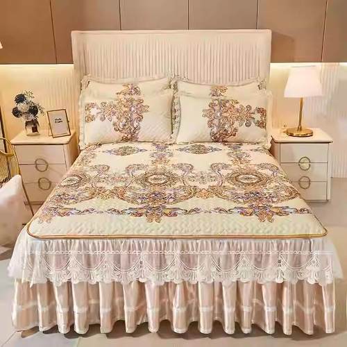 夏季冰丝席凉席三件套1.8m可拆卸三边床裙水洗折叠空调软席子新款