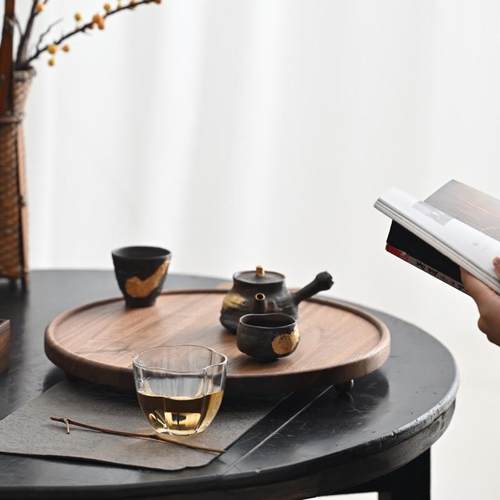 浮霞木坊北美黑胡桃木三足圆形茶盘全实木简约日式软装餐盘托盘
