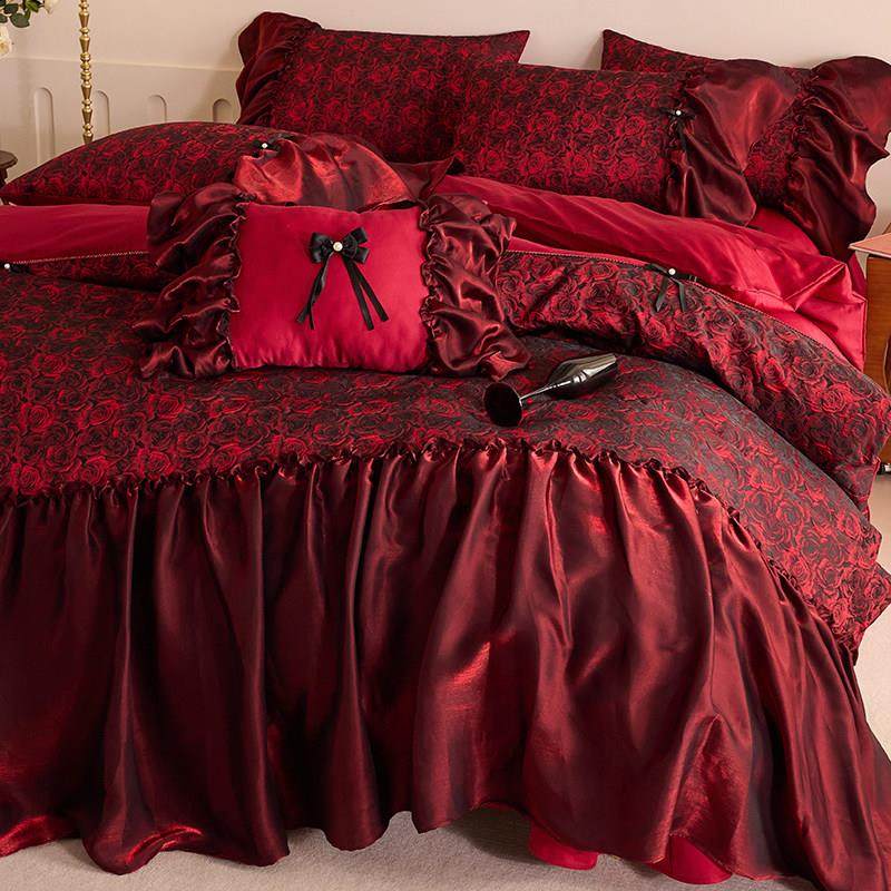 全棉提花玫瑰覆古结婚庆四件套长绒棉贡缎被套酒红公主风法式床品