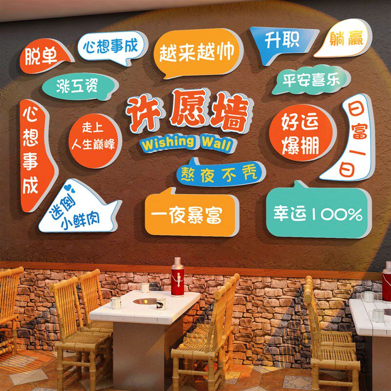 网红许愿打卡背景墙拍照区布置烧烤火锅餐饮奶茶店墙面装饰创意贴