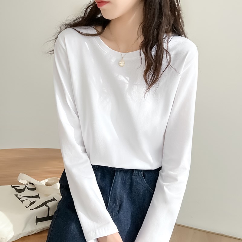 宽松白色长袖上衣女春秋新款纯色简约t恤圆领打底衫2024新款纯棉