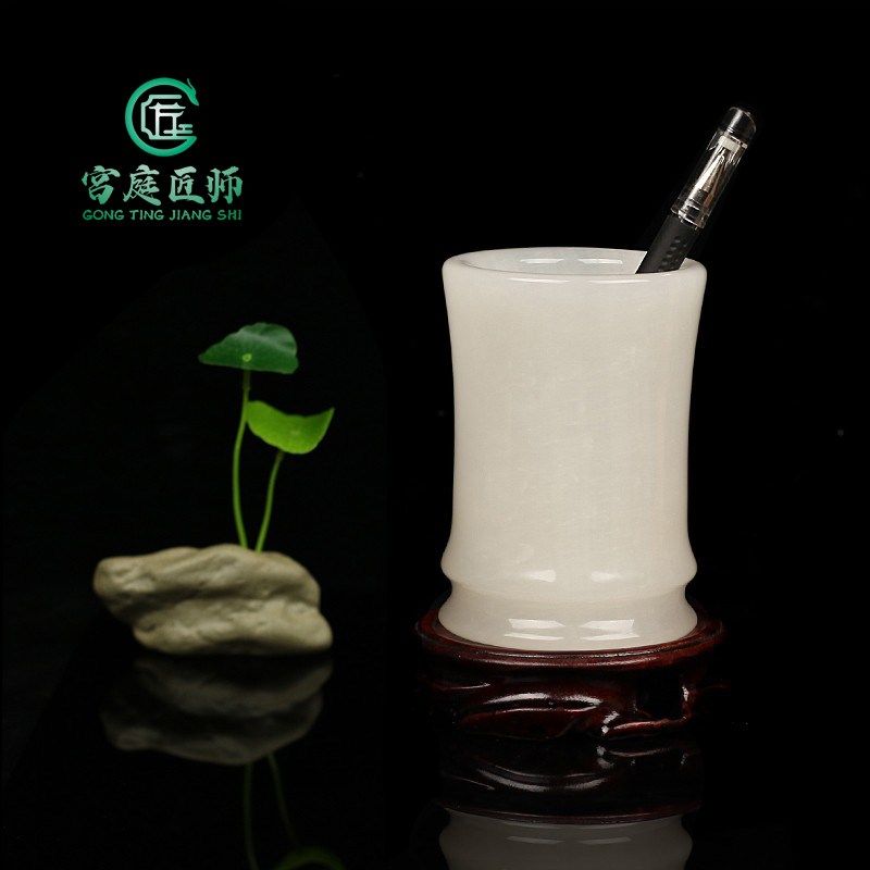 天然玉石笔筒办公室饰品升招财玉