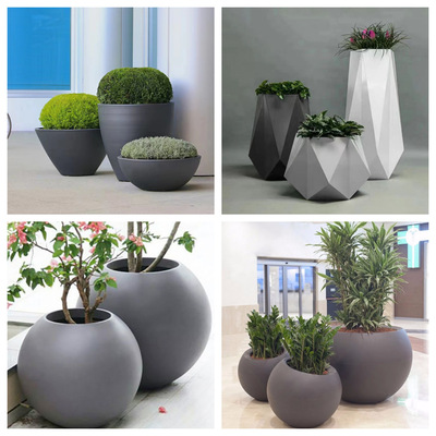 商场玻璃钢花盆组合大号简约圆球形种树户外露台庭院广场花箱厂家