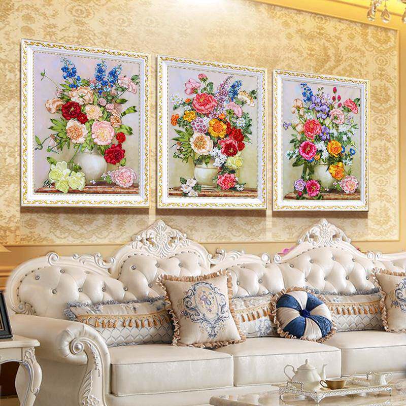 丝带绣2025新款绣彩带十字绣三联画手工刺绣自绣材料包客厅大挂画