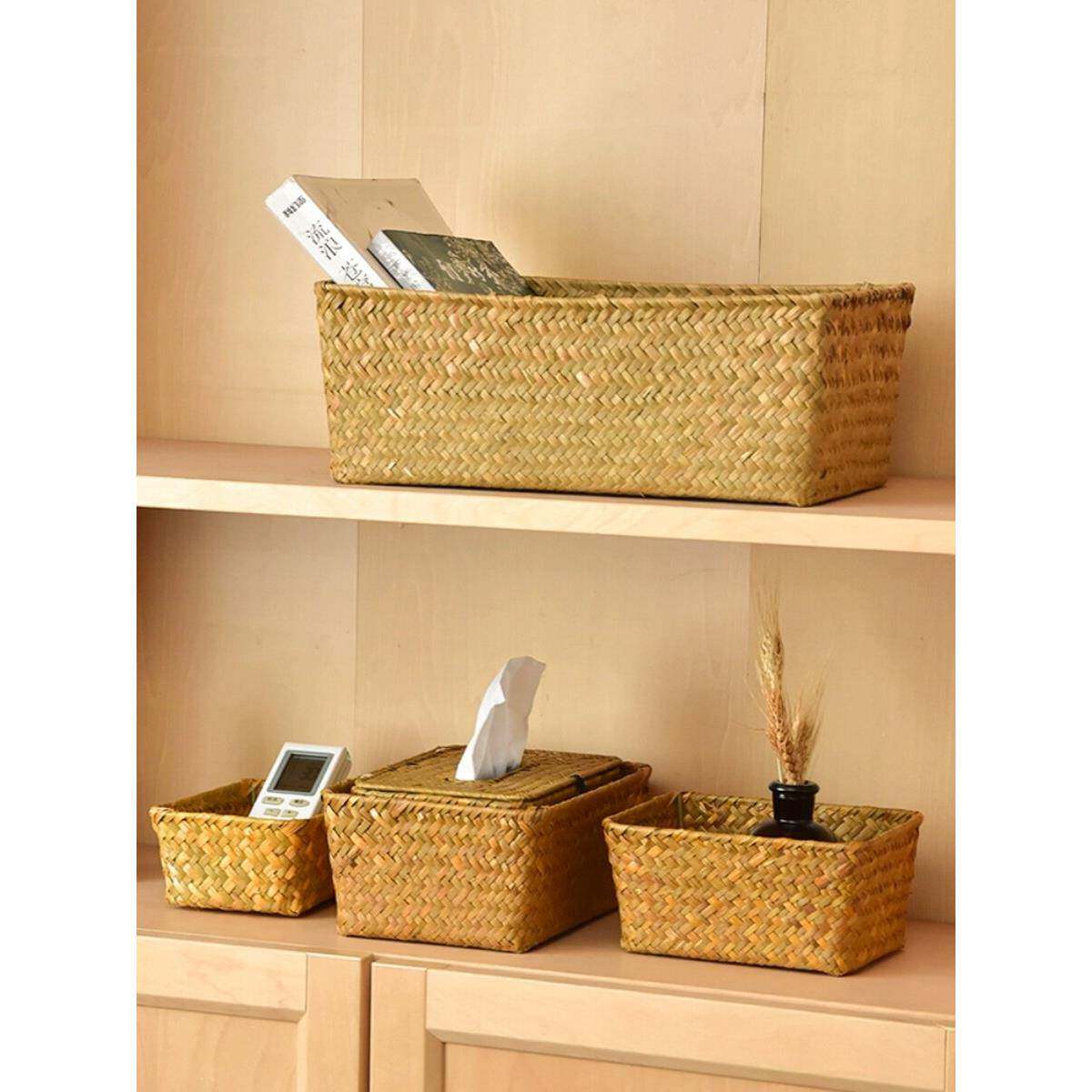 北欧海草手工编制收纳盒藤编竹编草编编织收纳筐桌面零食储物篮子