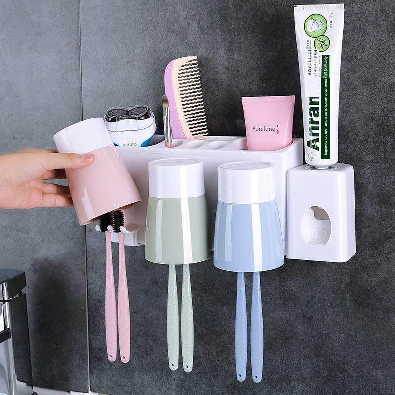 刷牙杯挂牙缸杯套装吸壁式三口之家牙刷架置物架卫生间壁挂免打孔