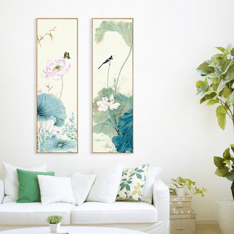水墨宣言 荷花清新花鸟装饰画玄关走廊过道墙画田园风格竖版挂画