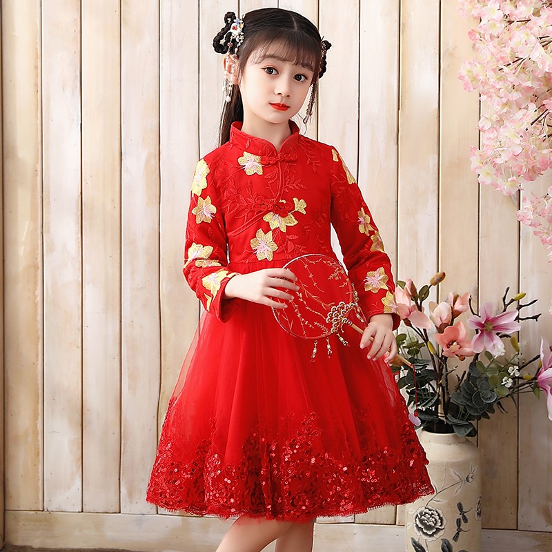 儿童旗袍连衣裙秋冬新款女童公主裙礼服中国风古装唐装小女孩洋气
