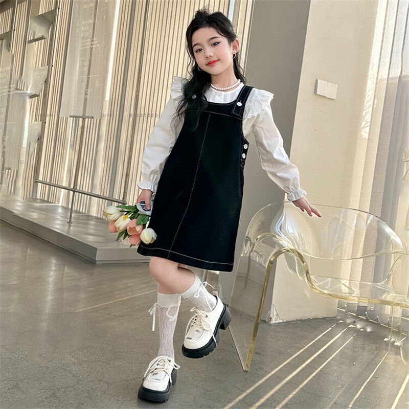 女童春季连衣裙2024新款中大童洋气时髦长袖衬衫牛仔背带裙两件套