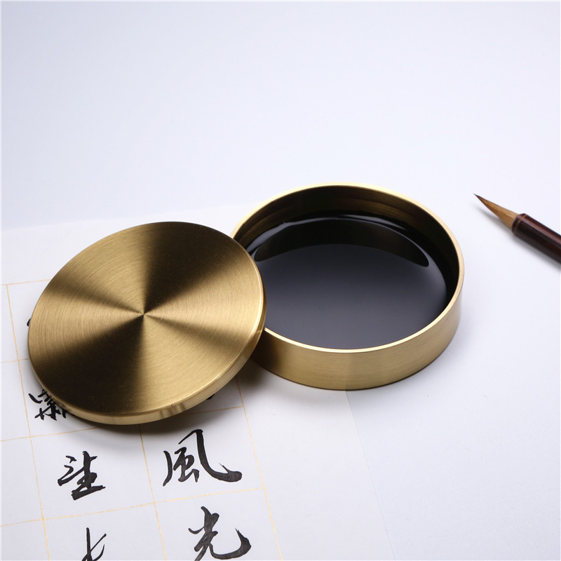 文房纯铜墨盒书法墨盒文房便携学生多功能带盖圆形印泥盒墨匣镇纸