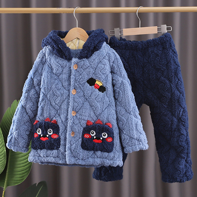 中长版秋冬季儿童睡衣三层夹棉加厚款男童法兰绒中大童家居服套装