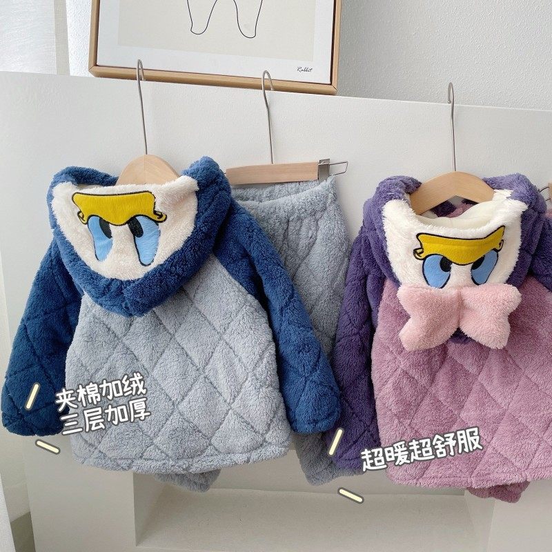 韩国冬中小童男女童三层夹棉加厚法兰绒卡通家居服套装毛绒套装,童装/婴儿装/亲子装,家居服套装,淘宝优惠券,粉丝福利购,淘宝优惠卷
