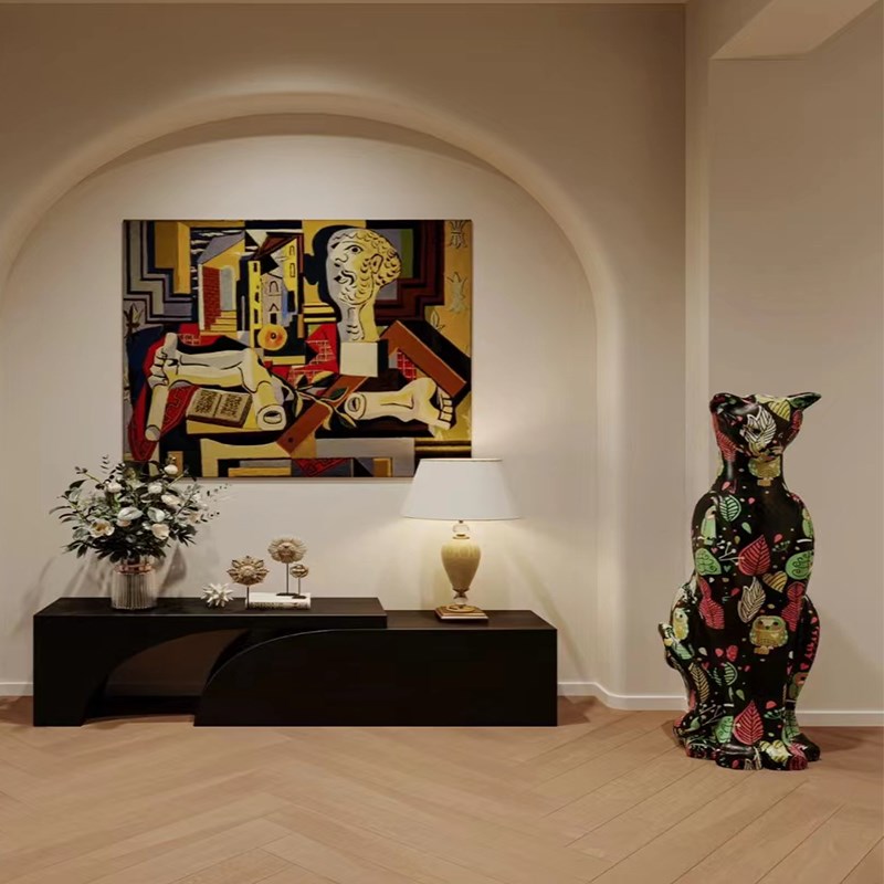 2024年新款手绘玻璃钢花猫酒柜电视柜玄关乔迁新居装饰工艺品豹子