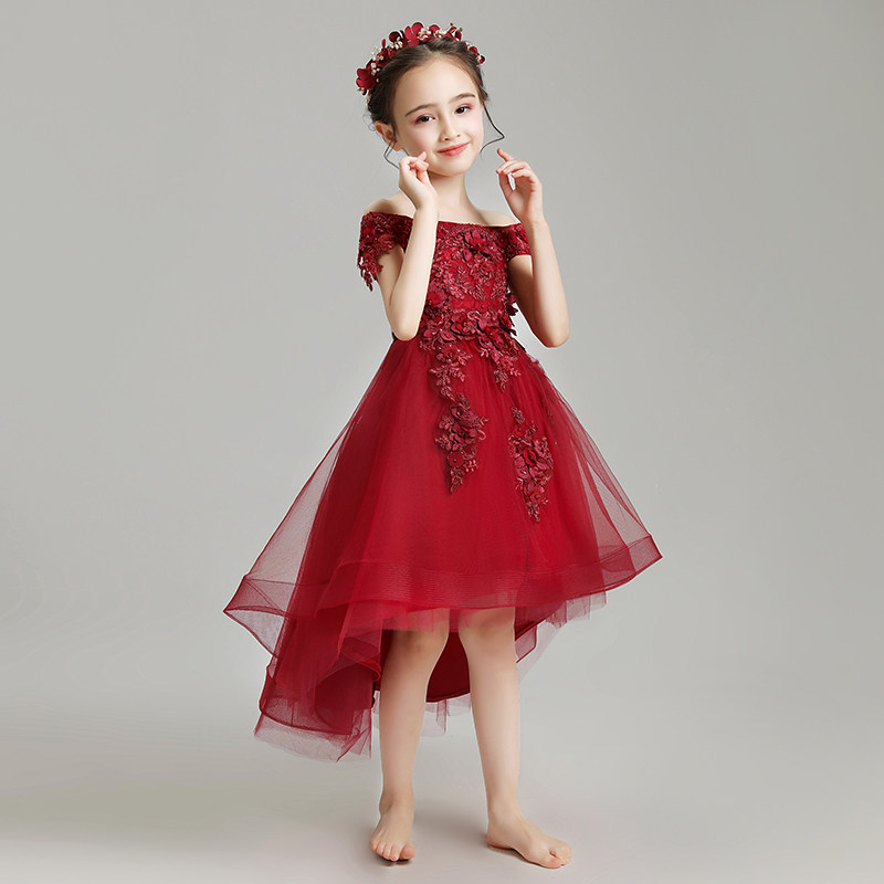 儿童晚礼服公主裙女童婚纱一字肩前短后长绑带蓬蓬纱主持人酒红秋