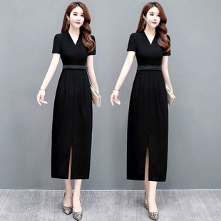 雪纺连衣裙女夏薄款气质高级感收腰显瘦包臀长裙黑色v领夏天裙子