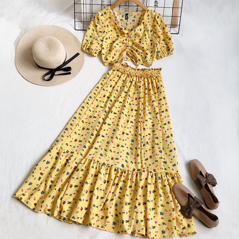 夏季新款度假风碎花抽绳短袖衬衫+松紧腰大摆中长款半身裙套装