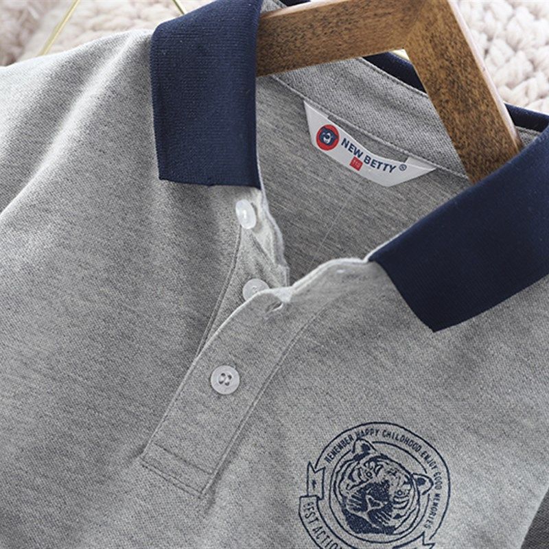 春秋款男童虎头翻领POLO衫中大童学院风长袖T恤校服洋气上衣打底