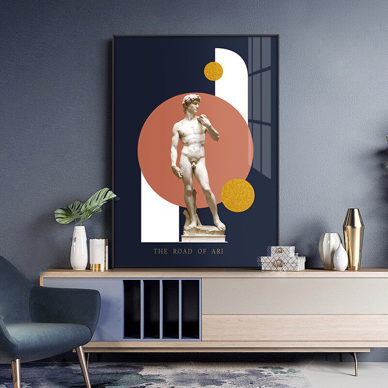 北欧装饰画创意三联画大卫艺术雕塑像挂画客厅餐厅金属框玻璃壁画