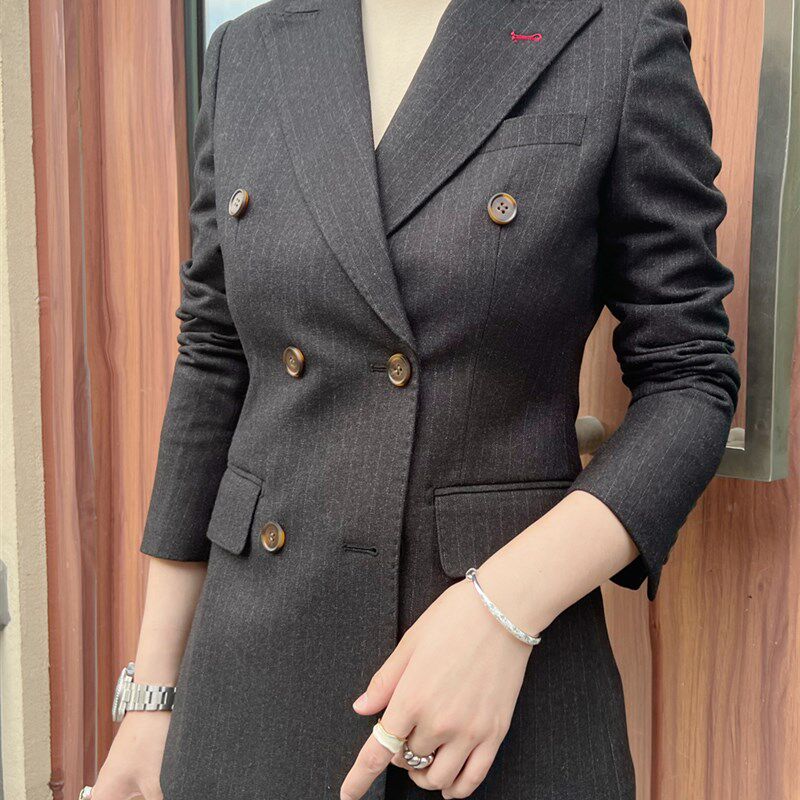 秋冬女士厚款西装套装灰色修身职业工装双排扣两件套定制正装