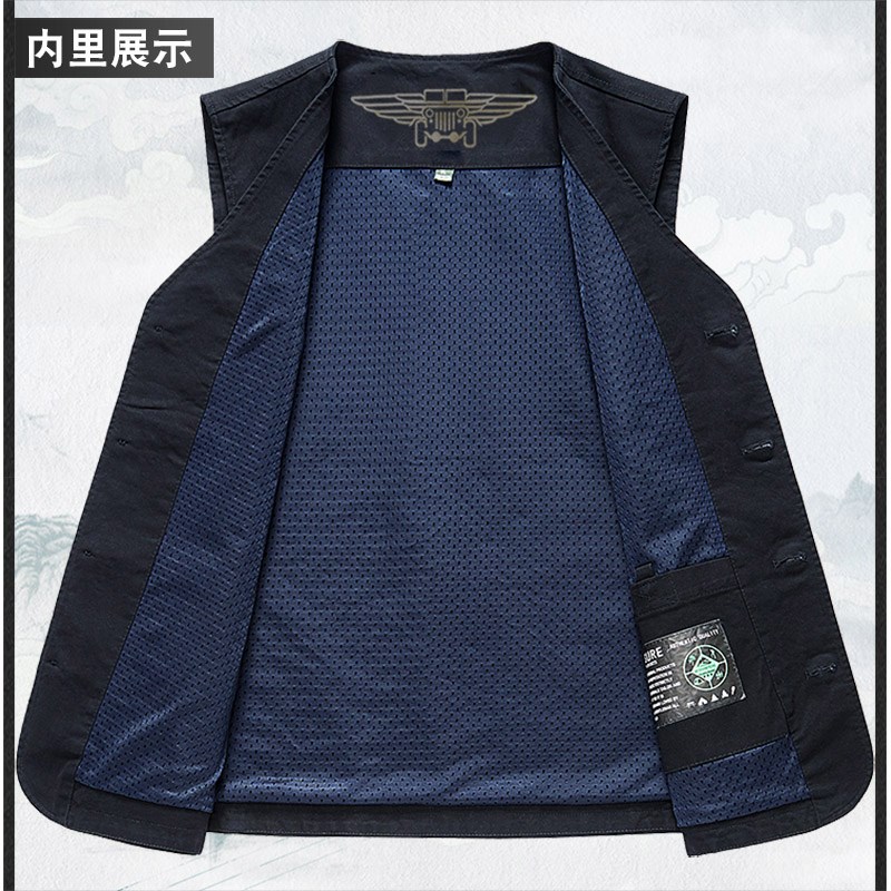 春秋男式多口袋纯棉马甲宽松大码加肥加大背心爸爸坎肩纽扣款开衫