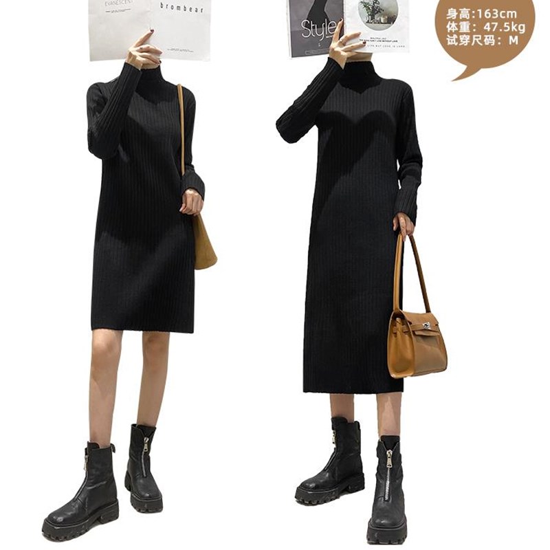 针织打底连衣裙女内搭2022新款秋冬半高领中长款气质毛衣长裙过膝