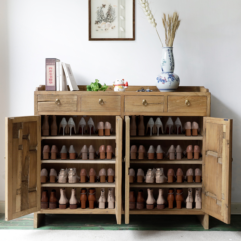 鞋柜实木家用大容量榆木老门板家具进门多功能原木储物收纳玄关柜