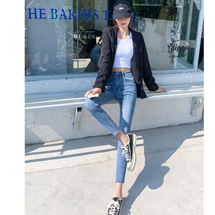 紧身薄款牛仔裤女春夏季高腰高弹力小脚裤修身显瘦九分铅笔打底裤