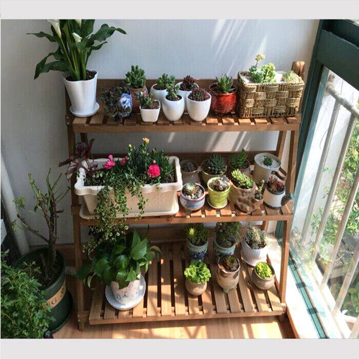 田园多层折叠花架实木组装 简约多肉花盆架子木质 绿萝 阳台客厅