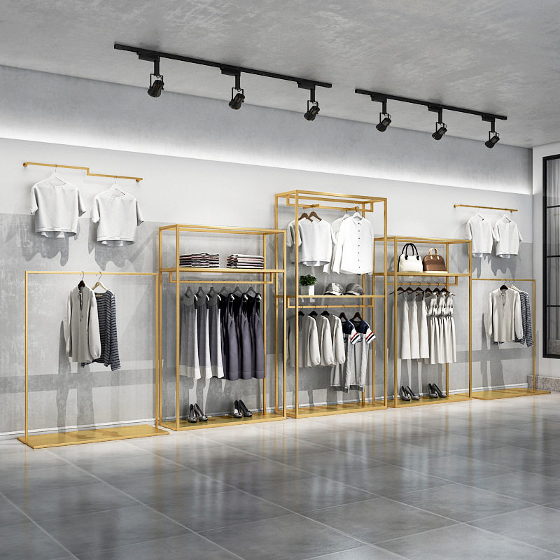 服装店展示架双层挂衣架男女金色服装店货架铁艺陈列架衣架落地式