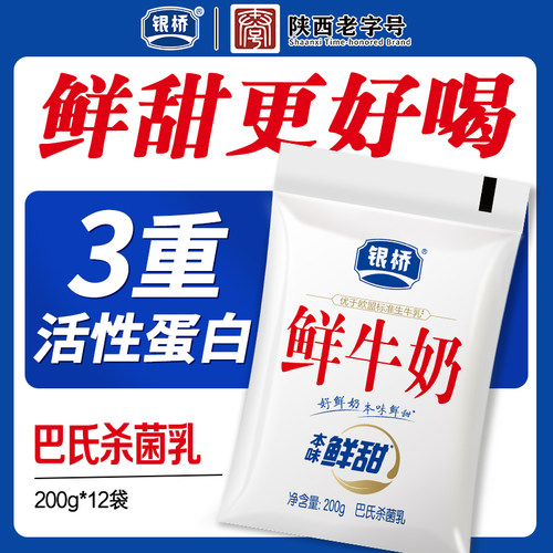 银桥鲜牛奶200g*12袋生牛乳制造巴氏杀菌乳低温鲜奶早餐小白袋装