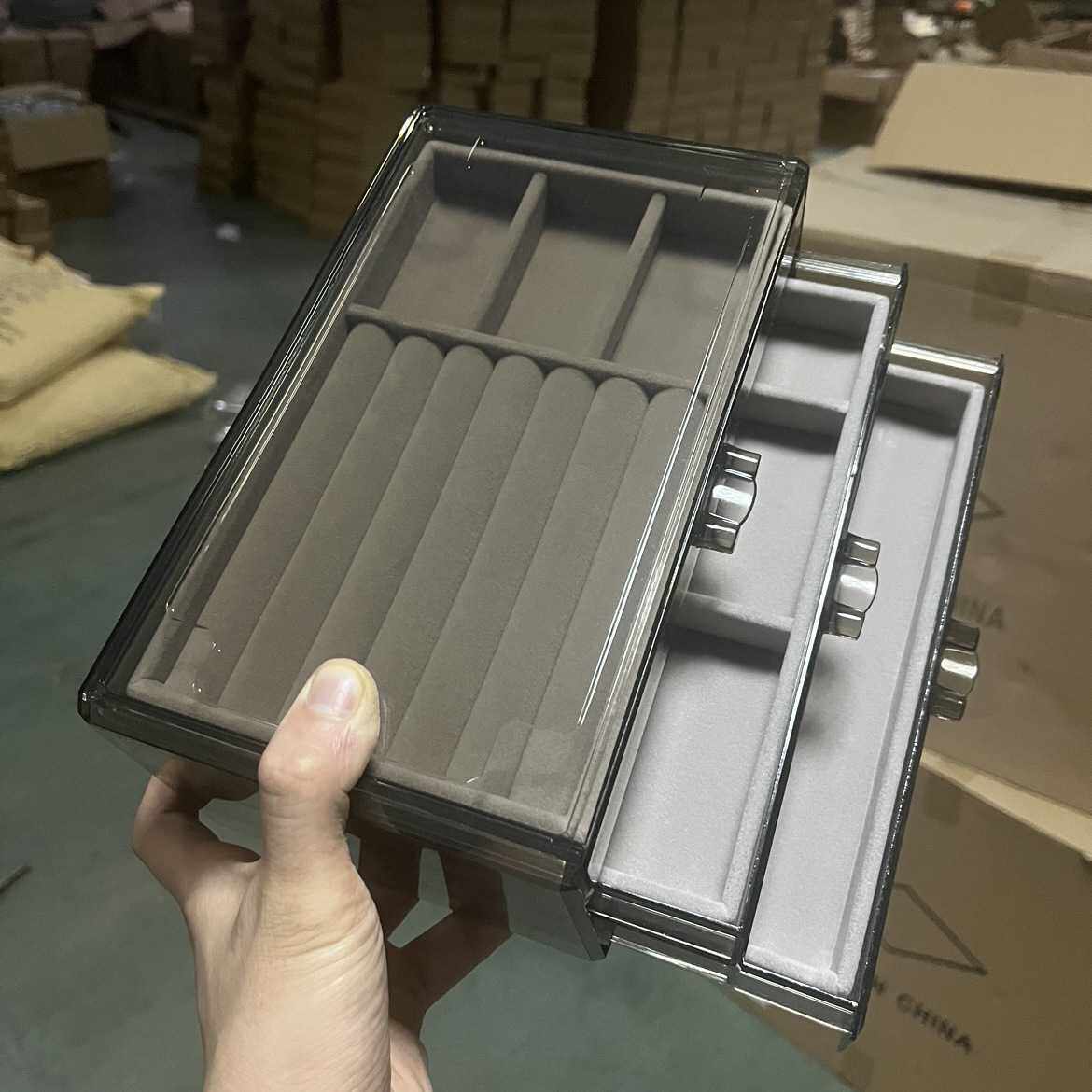 透灰亚克力首饰盒耳钉耳环戒指多层收纳整理抽屉式项链手镯饰品盒