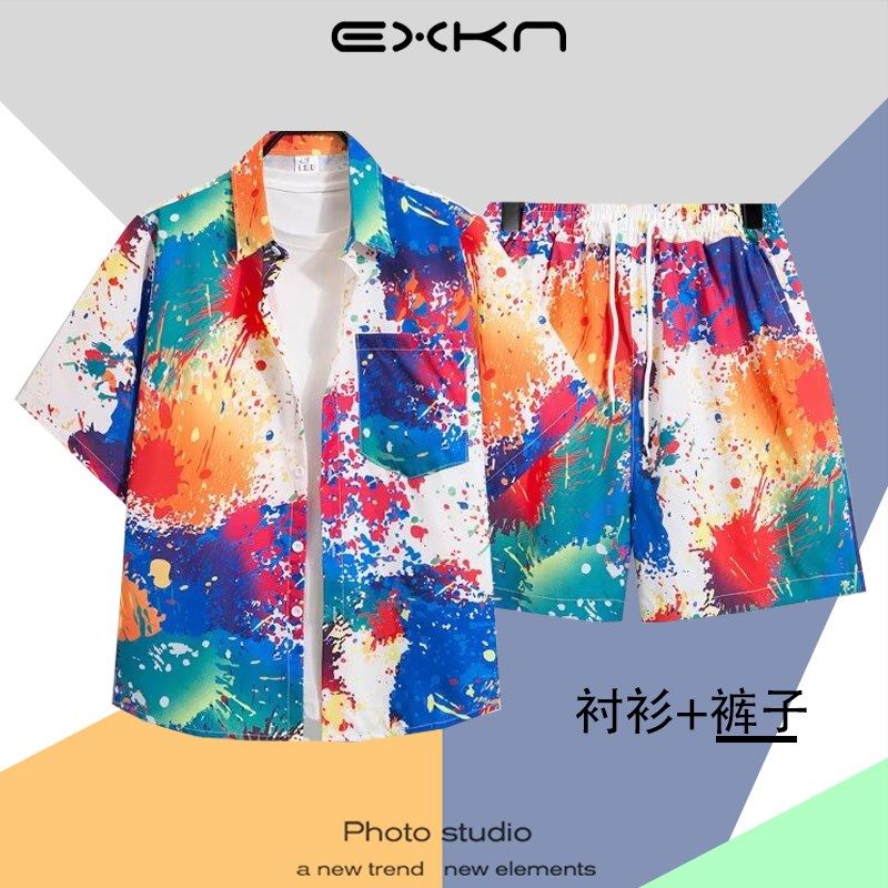 泰式花衬衫短裤套装男夏威夷沙滩短袖E衬衣情侣装2025新款夏装外